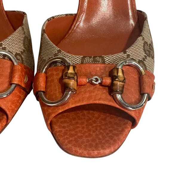 Vintage Gucci Orange Leather Horsebit Bamboo Heels Size 37 US 7 - Picture 6 of 9